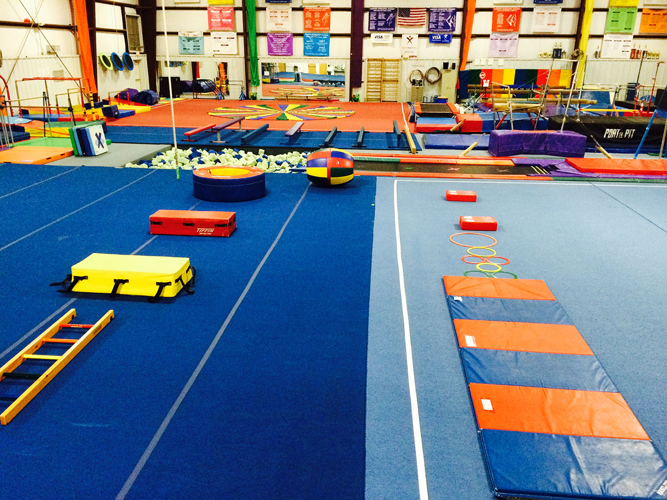 The gym includes pads, equipment, and a large foam pit